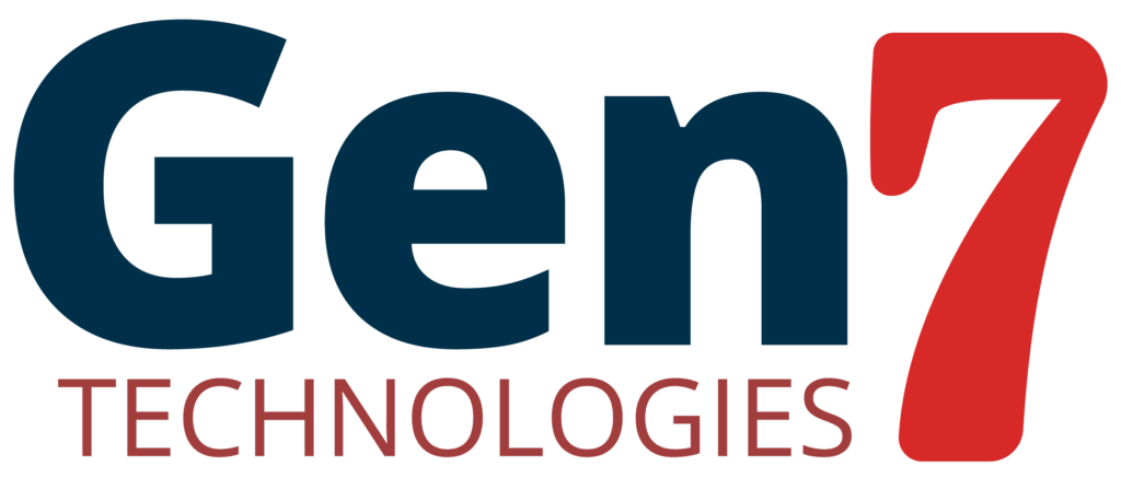 Logo of Gen7 Technologies, featuring bold lettering with "Gen" in dark blue and "7" in red, followed by "TECHNOLOGIES" in a lighter shade, representing a modern technology company.