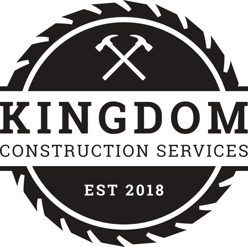 Logo of Kingdom Construction Services featuring crossed hammers and a circular saw design, established in 2018. Ideal for construction and home improvement branding.