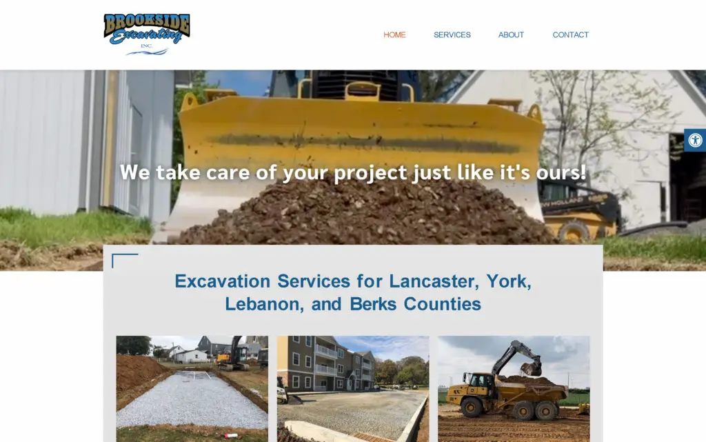 Excavation services image showcasing heavy machinery at a construction site, highlighting Brookside Excavating, a company serving Lancaster, York, Lebanon, and Berks Counties. The image features a bulldozer moving dirt, emphasizing professionalism and commitment to quality in construction projects.