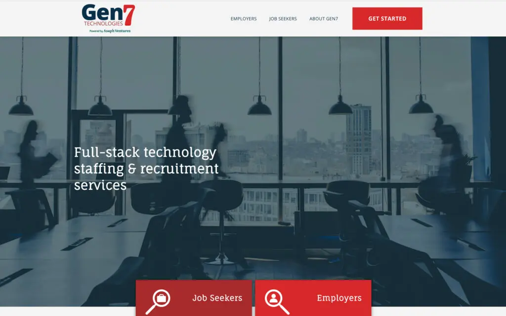 Modern office space showcasing a collaborative environment with silhouettes of professionals, highlighting Gen7 Technologies' full-stack technology staffing and recruitment services.