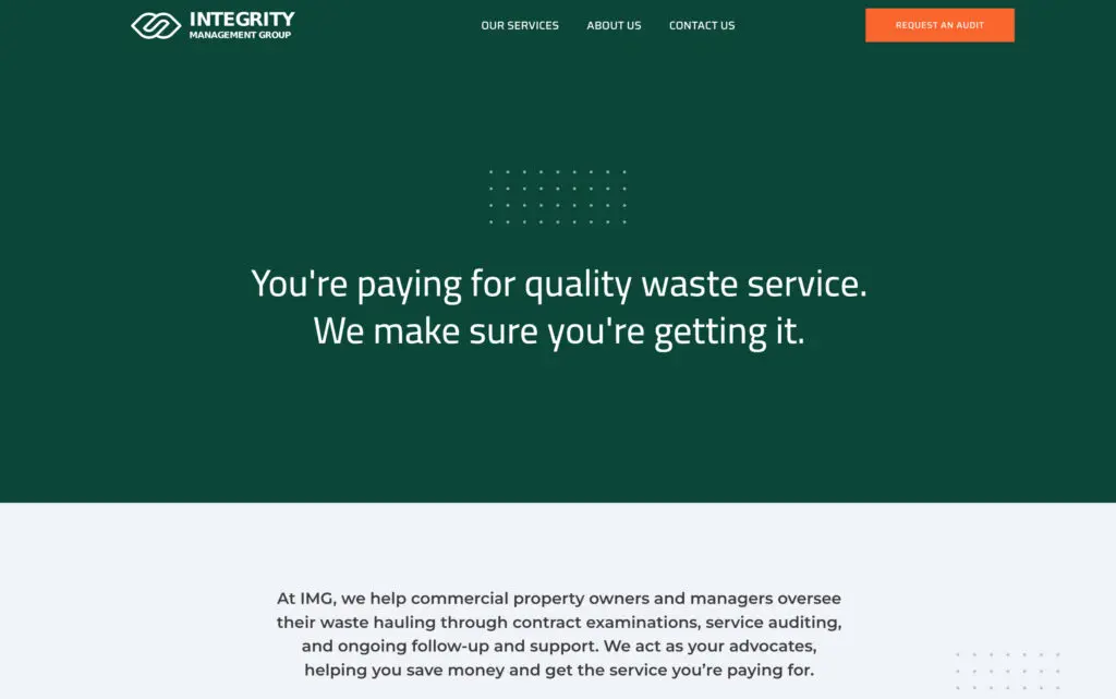 Website homepage of Integrity Management Group highlighting their waste management services, emphasizing quality service and cost savings for commercial property owners and managers.
