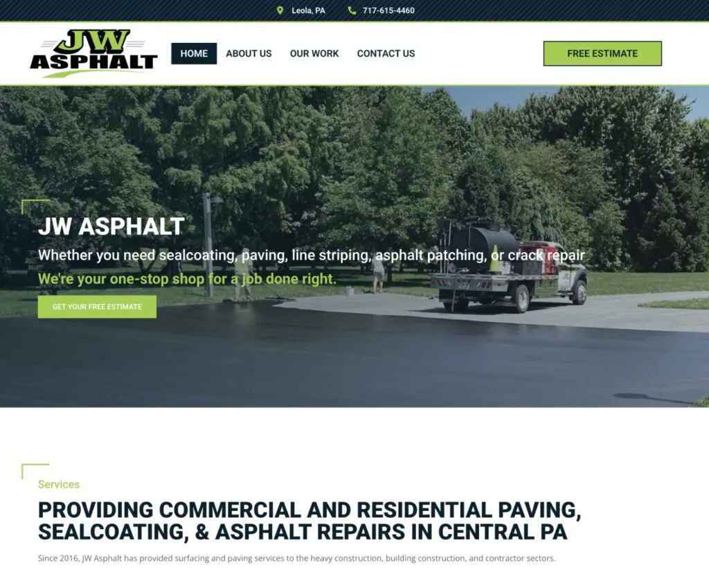 Image of JW Asphalt's website homepage showcasing asphalt services, including sealcoating, paving, line striping, and crack repair, with a truck in the background and a call to action for free estimates.