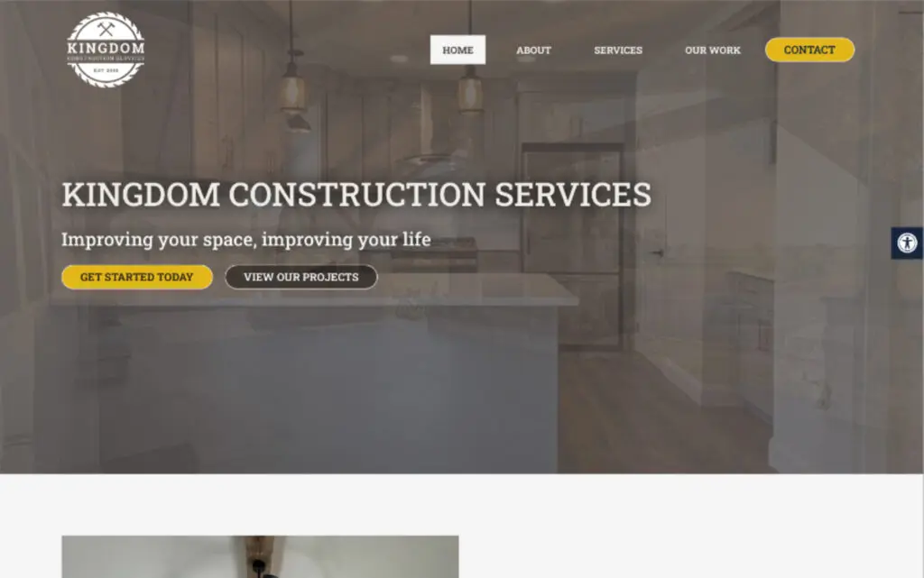 Homepage of Kingdom Construction Services featuring a modern kitchen design. The site emphasizes improving living spaces with a clean aesthetic, showcasing navigation options like services and project viewing.