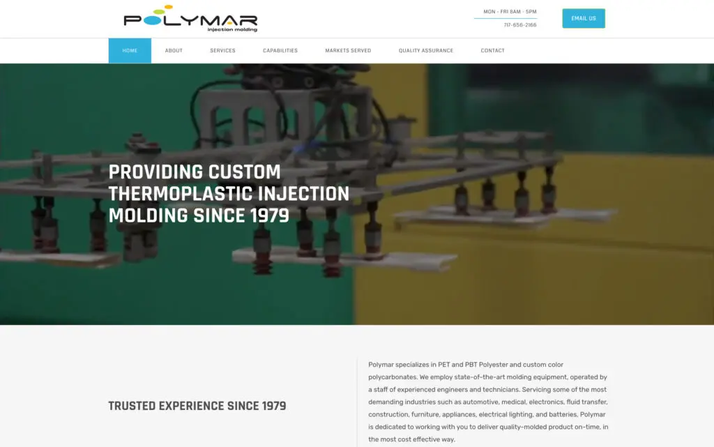 Custom thermoplastic injection molding services by Polymar, showcasing advanced molding equipment and expertise since 1979, specializing in PET, PBT, and color polycarbonate applications for various industries.