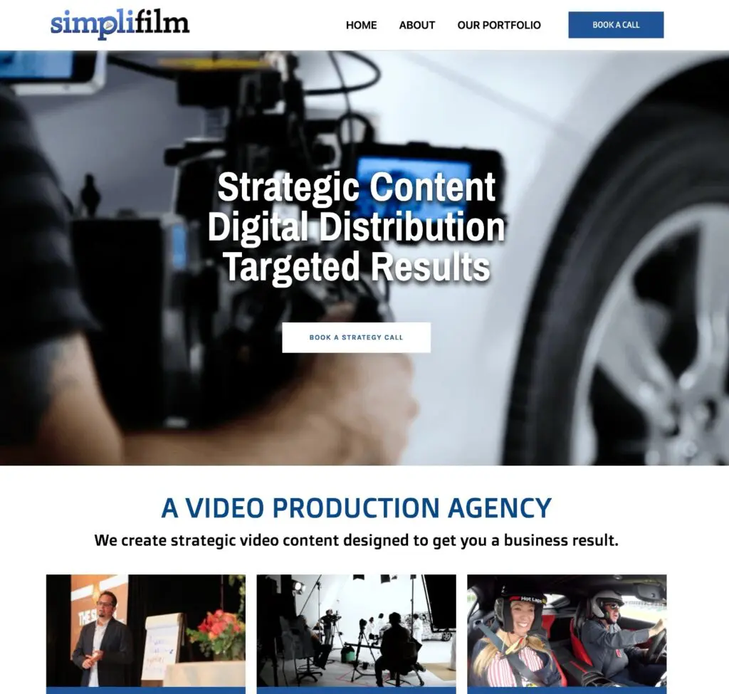 Homepage of Simplifilm, a video production agency focused on creating strategic video content for effective digital distribution and targeted business results. Features a call-to-action button for booking a strategy call.