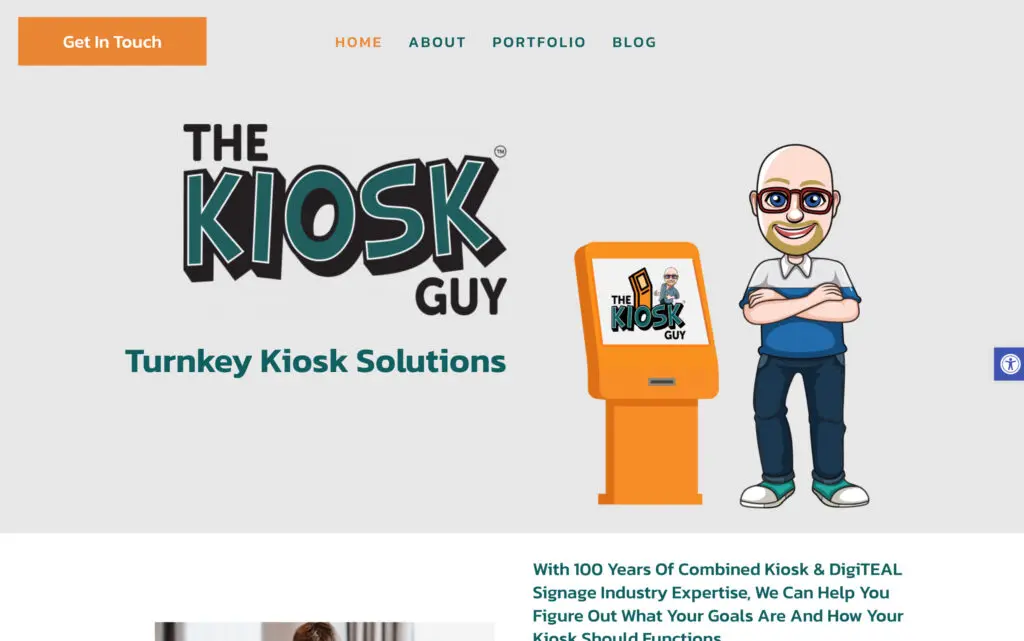 Illustration of a cartoon man with glasses and a bald head standing next to an orange kiosk, representing "The Kiosk Guy," a provider of turnkey kiosk solutions and industry expertise in signage and technology.